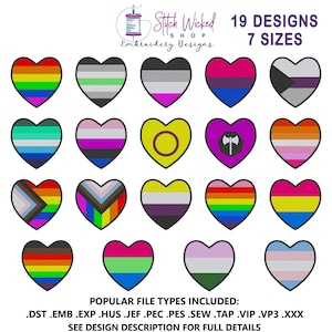 May include: A collection of 15 heart-shaped embroidery designs, each featuring a unique pattern representing various LGBTQ+ identities. The hearts are in a variety of colors, including rainbow, pink, blue, and yellow. The text "Stitch Wicked Shop Embroidery Designs" and "19 DESIGNS 7 SIZES" are also visible.