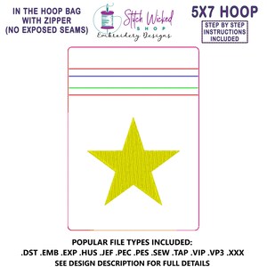 In the Hoop Star Bag Embroidery Design, ITH Zipper Bag, 5 X 7 Machine Embroidery Design, Fully Lined Zipper Pouch With No Exposed Seams