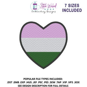 Pode incluir: Um design de bordado em forma de coração com um padrão de listras lavanda, branco e verde, delineado em preto. A imagem inclui o texto "Stitch Wicked Shop Embroidery Designs" e "7 SIZES INCLUDED". Abaixo, lista os tipos de arquivos populares.