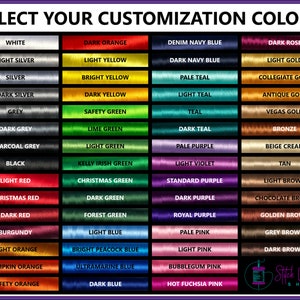 May include: A color chart showing 48 different thread colors for embroidery and sewing. The colors are organized into four columns, with each column representing a different color family. The color families are: Grey, Green, Blue, and Brown. The chart is labeled "Select Your Customization Colors".