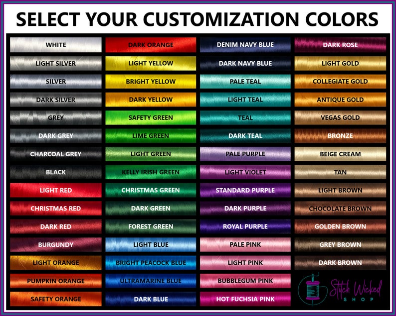 May include: A color chart showing 48 different thread colors for embroidery and sewing. The colors are organized into four columns, with each column representing a different color family. The color families are: Grey, Green, Blue, and Brown. The chart is labeled "Select Your Customization Colors".