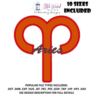 Widder Stickdatei, Sternzeichen Stickdatei, Widder Sternzeichen Dekor Symbol, Widder Brush Script, Astrologie Stickdatei