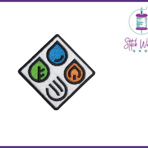 May include: White diamond-shaped patch with four embroidered symbols: a blue water drop, a green leaf, an orange flame, and a grey wave.