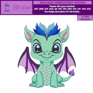 May include: A cute cartoon dragon with blue and purple wings. The dragon is sitting on its hind legs with its front paws in the air. The dragon has a green body, blue wings, and purple accents.