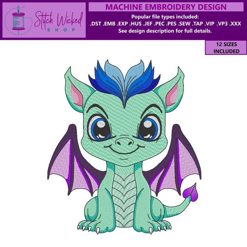 May include: A cute cartoon dragon with blue and purple wings. The dragon is sitting on its hind legs with its front paws in the air. The dragon has a green body, blue wings, and purple accents.