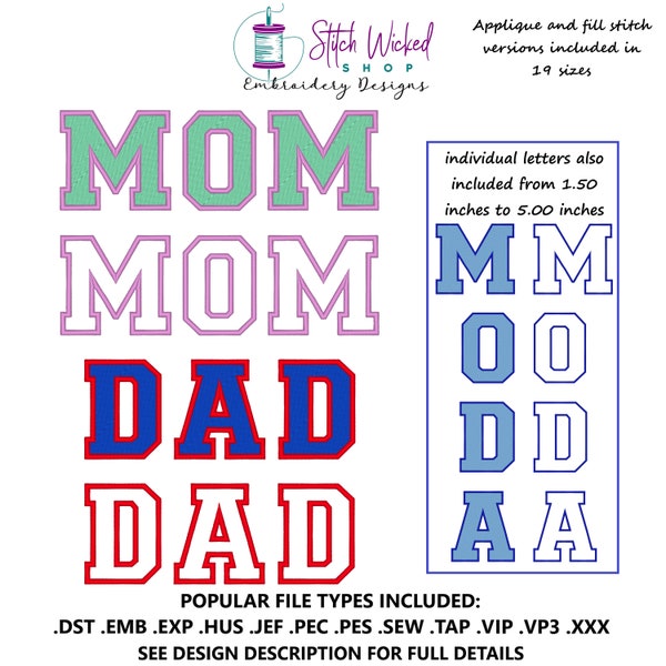 Mom And Dad Applique Design, Mom and Dad Embroidery Design, Mother's Day Embroidery, Fathers Day Gift, Applique Embroidery, 19 Sizes