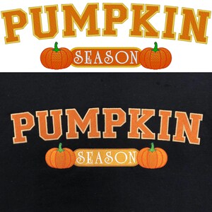 May include: Orange and yellow "Pumpkin Season" text with two orange pumpkins on a white background. The same text and pumpkins are on a black background.