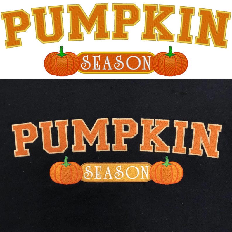 May include: Orange and yellow "Pumpkin Season" text with two orange pumpkins on a white background. The same text and pumpkins are on a black background.