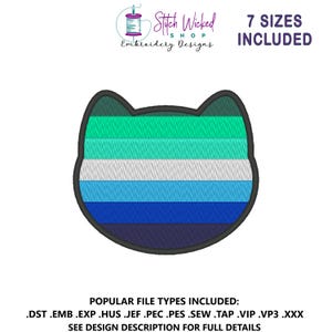 May include: A cat-shaped embroidery design in the colours of the gay men's pride flag: green, teal, white, blue, and navy. The design is outlined in black and includes the text "7 SIZES INCLUDED". The image also includes the text "Stitch Wicked Shop Embroidery Designs".
