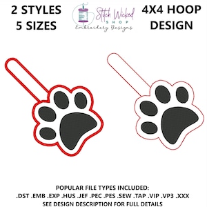 May include: Two styles of paw print embroidery designs in red and white, with a black paw print in the center. The designs are for a 4x4 inch embroidery hoop. Popular file types included: .DST, .EMB, .EXP, .HUS, .JEF, .PEC, .PES, .SEW, .TAP, .VIP, .VP3, .XXX. See design description for full details.