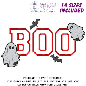 Boo Applikation Stickdatei, Fledermäuse Halloween Stickdatei, Maschinenstickerei, Fledermäuse Applikation, Halloween Applikation, 14 Größen