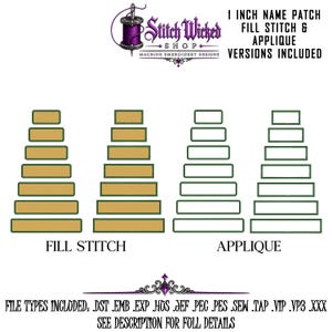 Op de afbeelding: Een digitale borduurontwerpset met 1 inch naamlabel-sjablonen. Bevat vulsteek- en applicatieversies met rechthoekige vormen van verschillende breedtes. Tekst: Stitch Wicked Shop, 1 inch name patch, fill stitch & applique versions included, en bestandstypen: DST, EMB, EXP, HUS, JEF, PEC, PES, SEW, TAP, VIP, VP3, XXX.