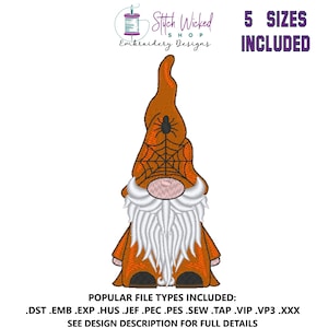Diseño de bordado a máquina de gnomo, patrón de bordado de gnomo con telaraña, gnomo con sombrero de telaraña, patrón de gnomo, diseño de gnomo, gnomo DIY