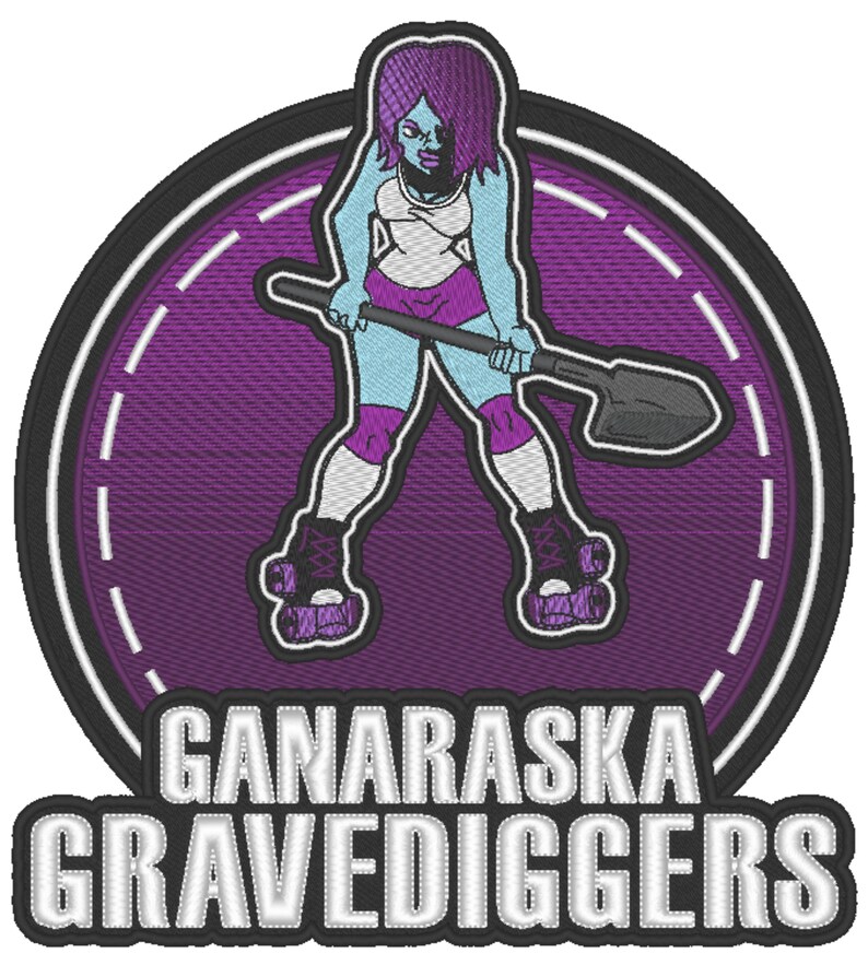 May include: A purple and white embroidered patch with a woman on roller skates holding a shovel. The text "GANARASKA GRAVEDIGGERS" is below the woman.