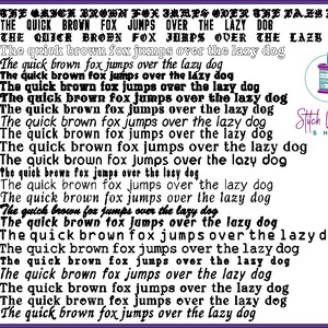 May include: A black and white image of the phrase "The quick brown fox jumps over the lazy dog" repeated 24 times with line numbers from 26 to 50. The text is in a bold, cursive font. The image also includes a small logo in the upper right corner that says "Stitch Wicked Shop".