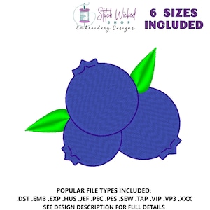Blueberry Embroidery Design, Mini Blueberry Embroidery Machine File, Fruit Machine File, Mini Fruit Design, Available in 6 Sizes