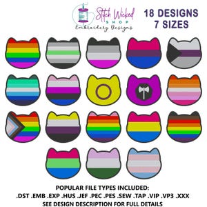 Może przedstawiać: Obraz przedstawiający 18 wzorów haftu w kształcie kota, każdy reprezentujący różne flagi dumy. Widoczny jest tekst "Stitch Wicked Shop Embroidery Designs" i "18 DESIGNS 7 SIZES". Na dole obrazu wymieniono popularne typy plików.