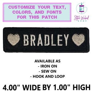 Parche de nombre personalizado, parche totalmente bordado con símbolo de corazón redondeado, elige tus colores personalizados, disponible como parches para coser y planchar