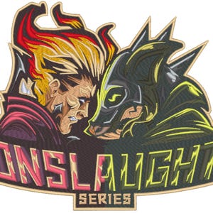 May include: An embroidered patch with a fierce, yellow-haired character battling a black and green creature. The text "ONSLAUGHT SERIES" is in pink and green letters.