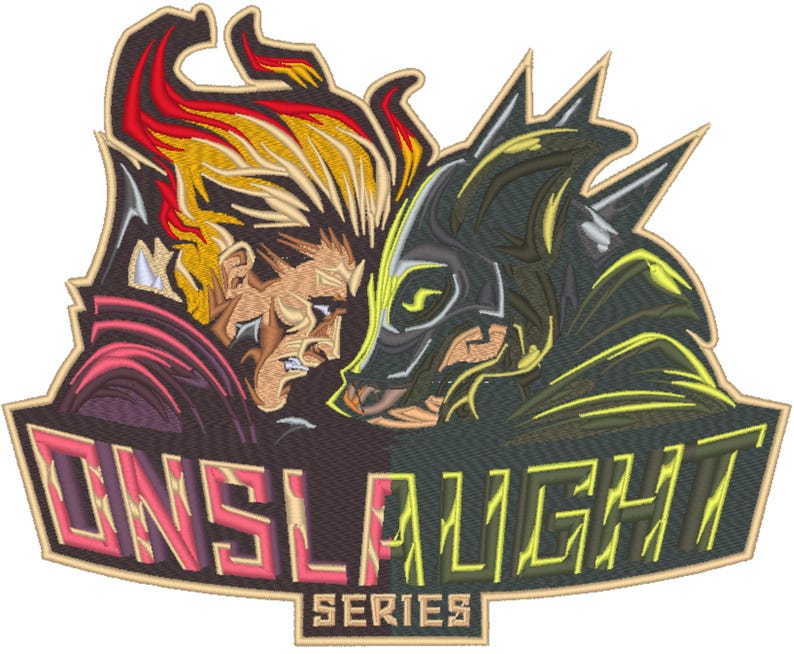 May include: An embroidered patch with a fierce, yellow-haired character battling a black and green creature. The text "ONSLAUGHT SERIES" is in pink and green letters.