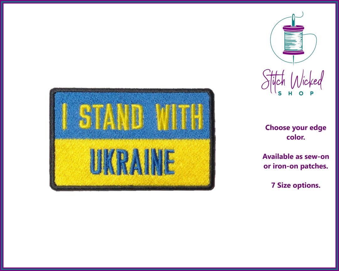 I Stand With Ukraine Flag Patch – Embroidered Iron-On Emblem, USA Made, Hungry Bear Designs