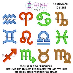 Zodiac Symbol Embroidery Design Bundle, Zodiac Embroidery Design, Zodiac Symbol Decor, Zodiac Script Design, Astrology Embroidery Design