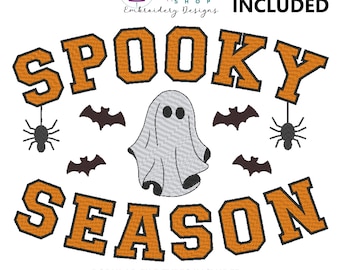 May include: A Halloween-themed design featuring the words "SPOOKY SEASON" in orange block letters with a black outline. A ghost, bats, and spiders are also included in the design. The text "6 SIZES INCLUDED" is at the top.