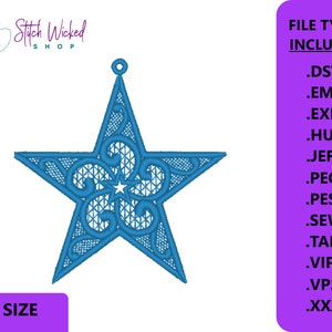 May include: Blue star-shaped embroidery design with a lacy pattern. The design is available in multiple file formats, including DST, EMB, EXP, HUS, JEF, PEC, PES, SEW, TAP, VIP, VP3, and XXX.