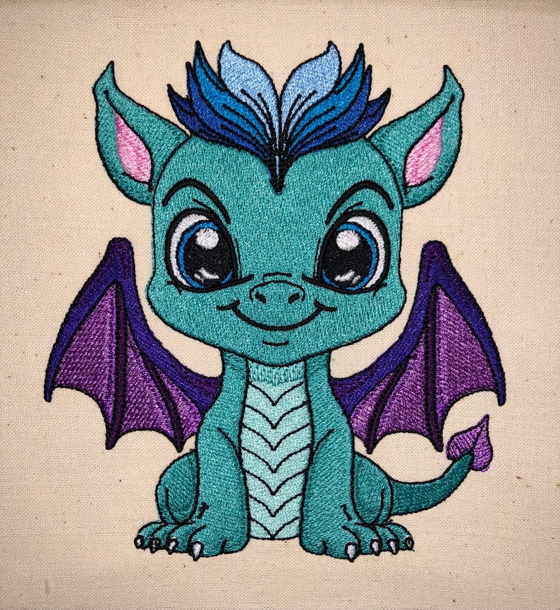 May include: An embroidered dragon with big eyes and wings, in shades of blue and purple. The dragon is sitting on its hind legs with its tail curled around its body.