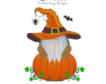 Halloween Gnome Embroidery Design, Pumpkin Gnome Machine Embroidery Design, Bats and Spider, 13 Sizes Included, Digital Download