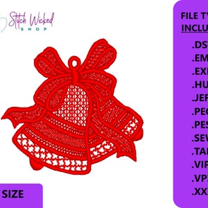 以下が含まれることがあります： 赤い刺繍のクリスマスベルとリボン、複数のファイル形式で利用可能: DST、EMB、EXP、HUS、JEF、PEC、PES、SEW、TAP、VIP、VP3、XXX.