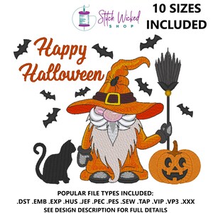 Happy Halloween Gnome Embroidery Design, Fall Machine Embroidery Design, Gnome With Cat, Gnome With Pumpkin, Gnome Design, 10 Sizes Included