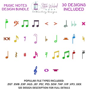 Puede incluir: Un conjunto de 30 diseños de bordado que presentan notas musicales en varios colores. Los diseños incluyen claves de sol, notas, sostenidos, bemoles y otros símbolos musicales. El texto "Stitch Wicked Shop Embroidery Designs" y "30 Designs Included" también es visible. Tipos de archivos populares incluidos: .DST, .EMB, .EXP, .HUS, .JEF, .PEC, .PES, .SEW, .TAP, .VIP, .VP3, .XXX. Consulte la descripción del diseño para obtener más detalles.