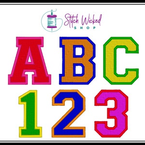 May include: A set of colourful felt letters and numbers in a varsity style font. The letters are A, B, and C. The numbers are 1, 2, and 3. The letters and numbers are outlined in a contrasting colour.