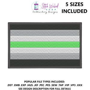 May include: A gray, white, and green flag with a black border. The flag has five stripes, with the middle stripe being green. The text "5 SIZES INCLUDED" is at the top of the image.