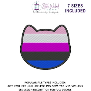 Könnte beinhalten: Ein katzenförmiges Stickdesign mit den Farben der nicht-binären Pride-Flagge: Rosa, Weiß, Lila, Schwarz und Blau. Das Design ist schwarz umrandet und enthält den Text "7 SIZES INCLUDED". Design von Stitch Wicked Shop Embroidery Designs.