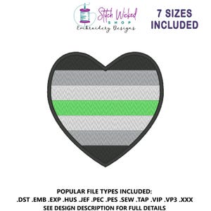 May include: An embroidered heart-shaped patch featuring the aromantic pride flag. The design includes horizontal stripes in shades of gray, white, and green. The text "7 SIZES INCLUDED" is visible. The patch is from Stitch Wicked Shop Embroidery Designs.