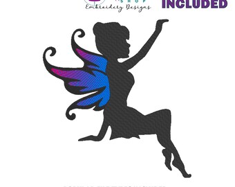 Fee Silhouette, Maschinenstickerei, Fantasy Stickdatei, Stickerei Feen, Instant Download, 8 Größen, Fee 4