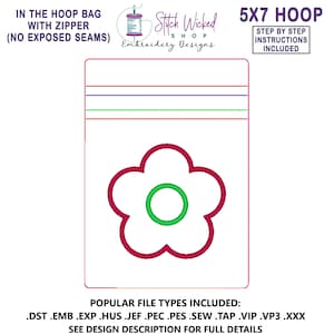 In the Hoop Embroidery Design, Applique Flower, ITH Zipper Bag, 5 X 7 Machine Embroidery Design, Lined Zipper Bag No Exposed Seams