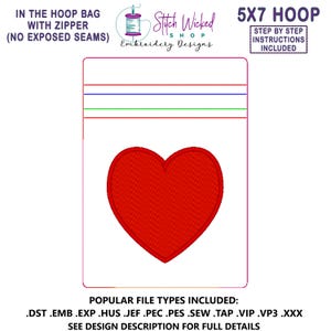 In the Hoop Heart Bag Embroidery Design, ITH Zipper Bag, 5 X 7 Machine Embroidery Design, Fully Lined Zipper Pouch With No Exposed Seams