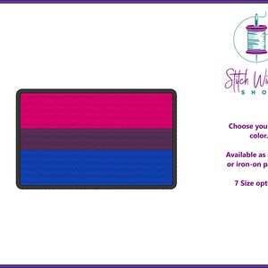 May include: A bisexual pride flag patch with pink, purple, and blue stripes. The patch is available in 7 sizes and can be sewn or ironed on.