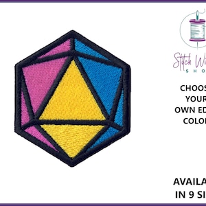 May include: Embroidered patch featuring a geometric design in pink, yellow, and blue, outlined in black. The patch is in the shape of a 20-sided die. Text on the image reads "CHOOSE YOUR OWN EDGE COLOR" and "AVAILABLE IN 9 SIZES".