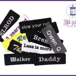 Custom Name Patch, Fully Embroidered Rectangle Name Tags, Choose From Over 100 Custom Fonts and Colors, Available as Sew on and Iron On