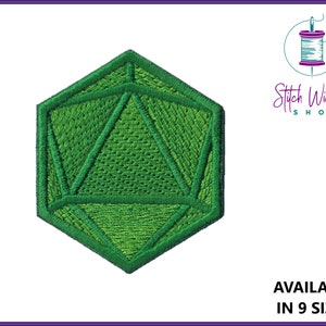May include: Green embroidered patch of a 20-sided die, also known as a d20, a common die used in tabletop role-playing games.