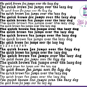 May include: A white background with black text that reads "The quick brown fox jumps over the lazy dog" repeated multiple times. The text is numbered from 51 to 75. The text is in a variety of fonts. The image also includes a small logo for "Stitch Wicked Shop" with a needle and thread.
