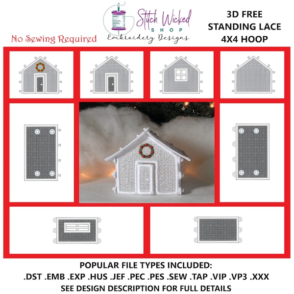 Freistehende Spitze Winterdorfhaus Maschinenstickerei, Weihnachtsdorfhaus, 3D FSL, Design-Set, kein Nähen erforderlich 4X4 Hoop