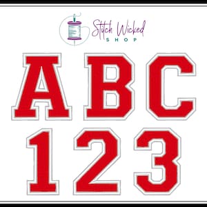 Varsity Letras y números rojos con borde Color bordado Hierro en parche Applique College Letterman Monogram