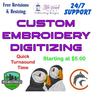 Könnte beinhalten: Ein Grafikdesign für kundenspezifische Stickereidigitalisierung. Der Text "CUSTOM EMBROIDERY DIGITIZING" ist in Lila, darunter die Wörter "Quick Turnaround Time" und "Starting at 5,00 €". Das Design zeigt zwei Papageientaucher, ein Wolfslogo und ein Camp-Logo.