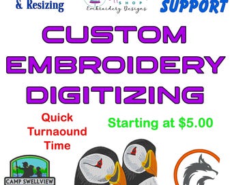 Op de afbeelding: Een grafisch ontwerp voor aangepaste borduurdigitalisering. De tekst "CUSTOM EMBROIDERY DIGITIZING" is in paars, met daaronder de woorden "Quick Turnaround Time" en "Starting at € 5,00". Het ontwerp bevat twee papegaaiduikers, een wolflogo en een kampeerlogo.
