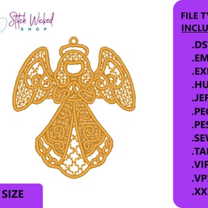 May include: Gold angel embroidery design for machine embroidery. The design features a detailed, intricate lace pattern. File types included: DST, EMB, EXP, HUS, JEF, PEC, PES, SEW, TAP, VIP, VP3, XXX.